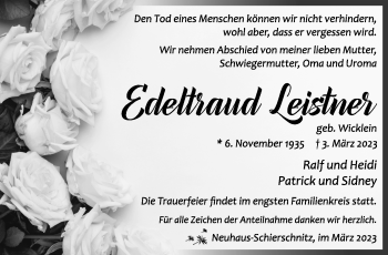 Traueranzeige von Edeltraud Leistner von Südthüringer Presse