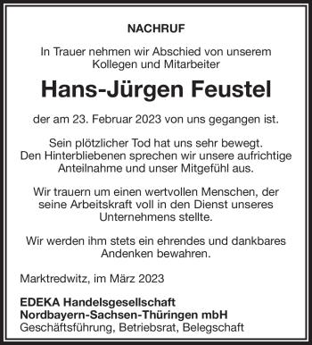 Traueranzeige von Hans-Jürgen Feustel von Frankenpost