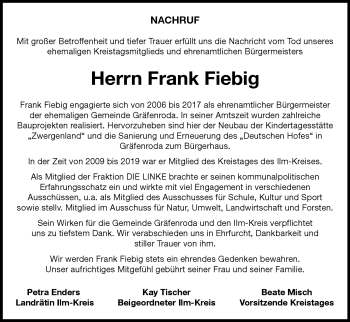 Traueranzeige von Frank Fiebig von Südthüringer Presse