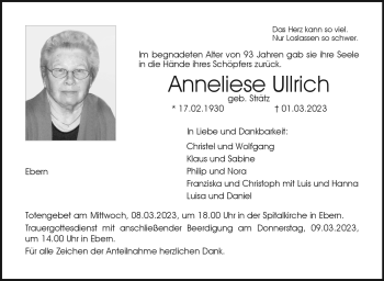 Traueranzeige von Anneliese Ullrich von Neue Presse Coburg