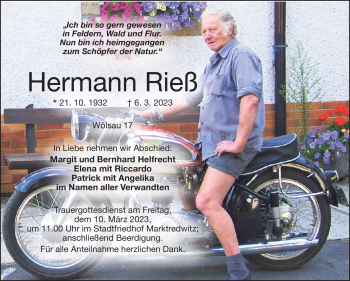 Traueranzeige von Hermann Rieß von Frankenpost