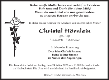 Traueranzeige von Christel Hörnlein von Südthüringer Presse