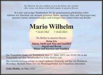 Traueranzeige von Mario Wilhelm von Südthüringer Presse
