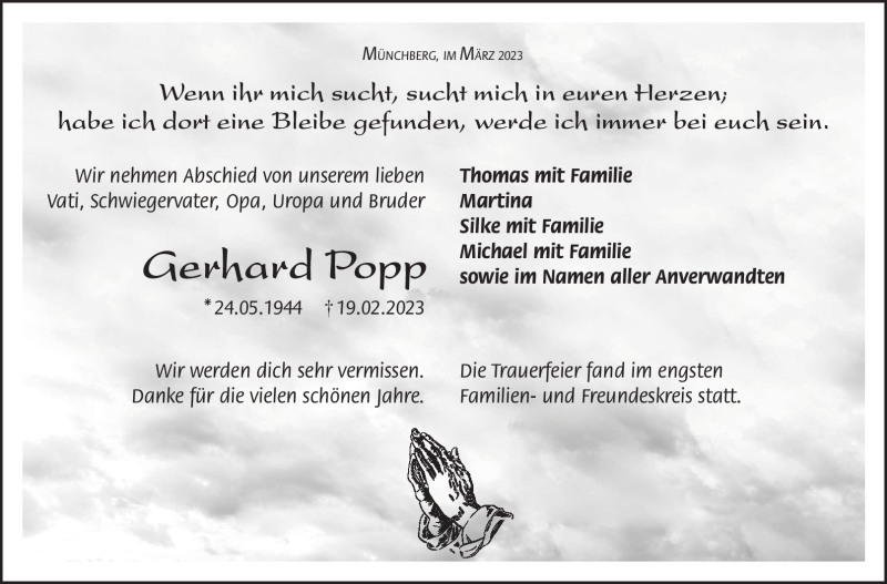  Traueranzeige für Gerhard Popp vom 11.03.2023 aus Frankenpost