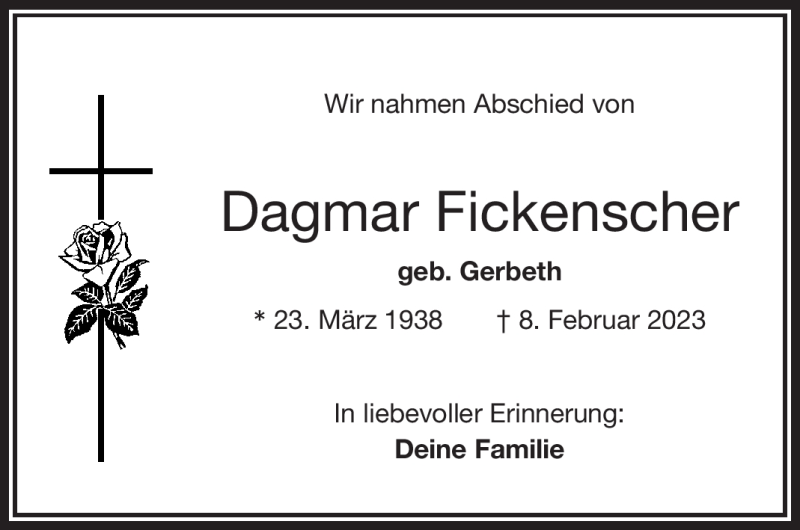  Traueranzeige für Dagmar Fickenscher vom 04.03.2023 aus Frankenpost