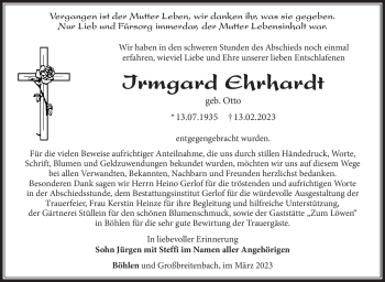 Traueranzeige von Irmgard Ehrhardt von Südthüringer Presse