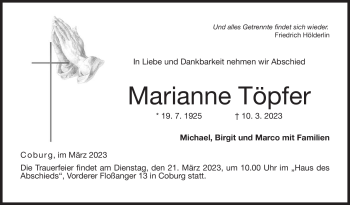 Traueranzeige von Marianne Töpfer von Neue Presse Coburg