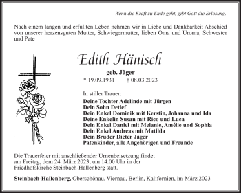 Traueranzeige von Edith Hänisch von Südthüringer Presse