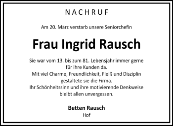 Traueranzeige von Ingrid Rausch von Frankenpost