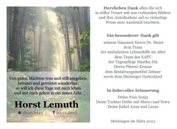 Traueranzeige von Horst Lemuth von Südthüringer Presse