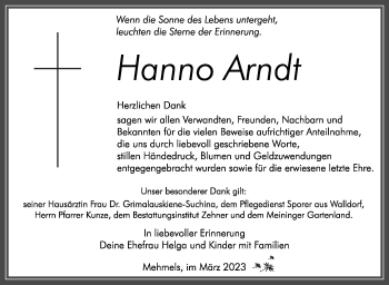Traueranzeige von Hanno Arndt von Südthüringer Presse