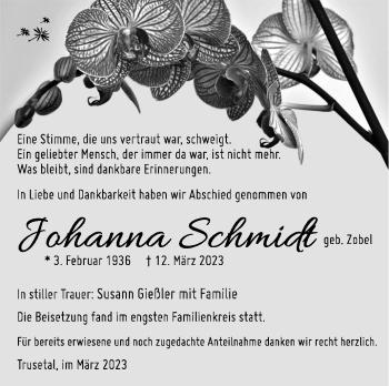 Traueranzeige von Johanna Schmidt von Südthüringer Presse