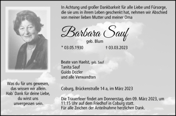Traueranzeige von Barbara Sauf von Neue Presse Coburg