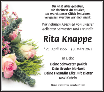Traueranzeige von Rita Knappe von Südthüringer Presse