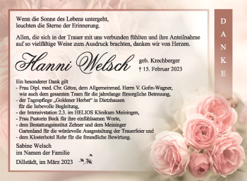 Traueranzeige von Hanni Welsch von Südthüringer Presse