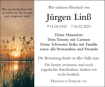 Traueranzeige von Jürgen Linß von Südthüringer Presse