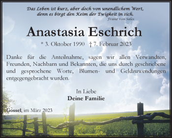 Traueranzeige von Anastasia Eschrich von Südthüringer Presse