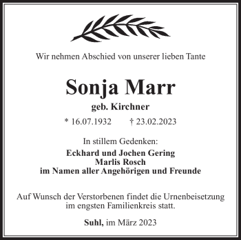 Traueranzeige von Sonja Marr von Südthüringer Presse