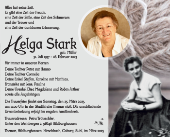 Traueranzeige von Helga Stark von Südthüringer Presse
