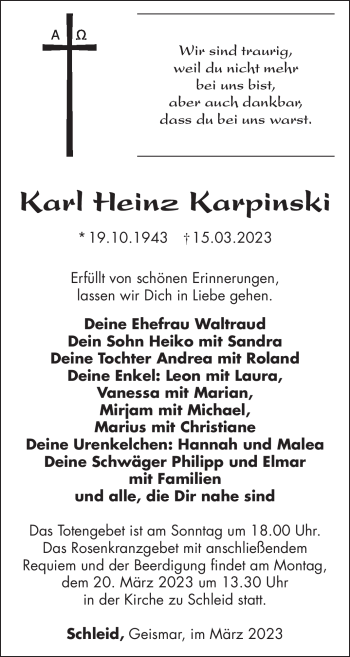 Traueranzeige von Karl Heinz Karpinski von Südthüringer Presse