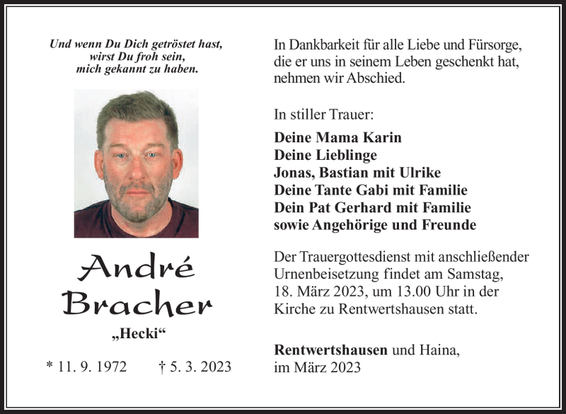  Traueranzeige für André Bracher vom 16.03.2023 aus Südthüringer Presse