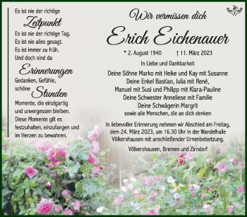 Traueranzeige von Erich Eichenauer von Südthüringer Presse