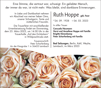 Traueranzeige von Ruth Hoppe von Südthüringer Presse
