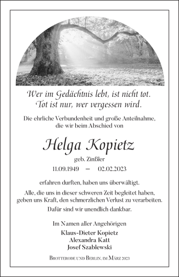 Traueranzeige von Helga Kopietz von Südthüringer Presse