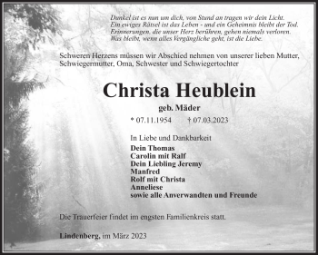 Traueranzeige von Christa Heublein von Südthüringer Presse