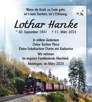Traueranzeige von Lothar Hanke von Südthüringer Presse