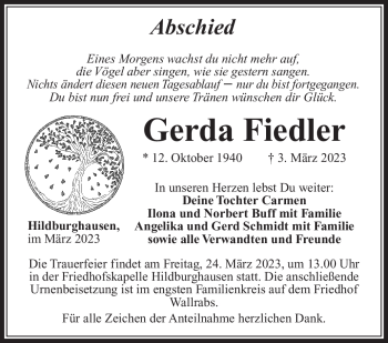 Traueranzeige von Gerda Fiedler von Südthüringer Presse