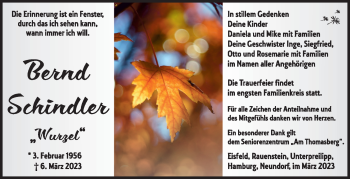 Traueranzeige von Bernd Schindler von Südthüringer Presse