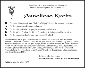 Traueranzeige von Anneliese Krebs von Südthüringer Presse