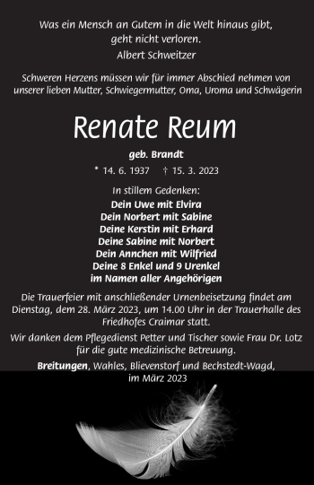 Traueranzeige von Renate Reum von Südthüringer Presse