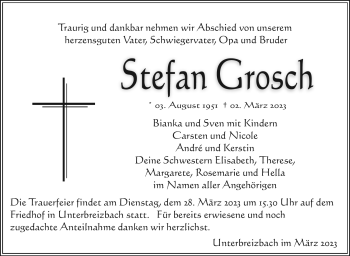 Traueranzeige von Stefan Grosch von Südthüringer Presse