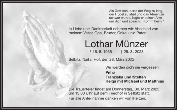 Traueranzeige von Lothar Münzer von Frankenpost