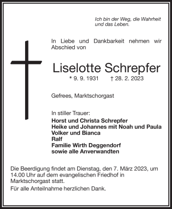 Traueranzeige von Liselotte Schrepfer von Frankenpost