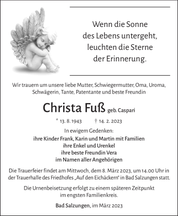 Traueranzeige von Christa Fuß von Südthüringer Presse