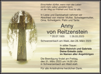 Traueranzeige von Anny von Reitzenstein von Frankenpost