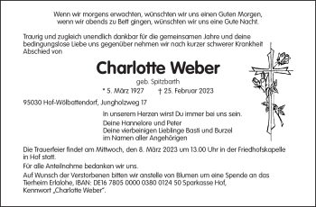 Traueranzeige von Charlotte Weber von Frankenpost