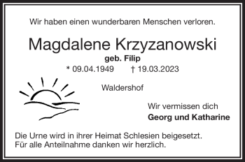 Traueranzeige von Magdalene Krzyzanowski von Frankenpost