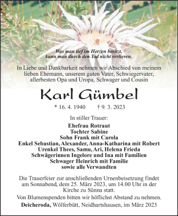 Traueranzeige von Karl Gümbel von Südthüringer Presse