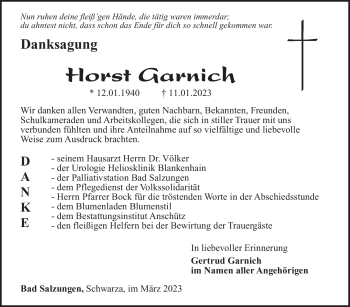Traueranzeige von Horst Garnich von Südthüringer Presse