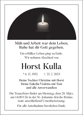 Traueranzeige von Horst Kulla von Frankenpost