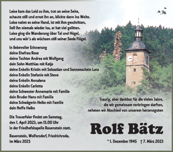 Traueranzeige von Rolf Bätz von Südthüringer Presse