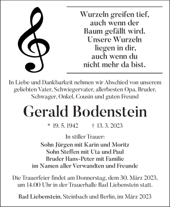 Traueranzeige von Gerald Bodenstein von Südthüringer Presse