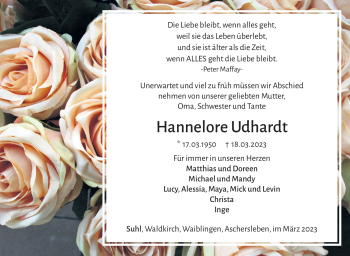 Traueranzeige von Hannelore Udhardt von Südthüringer Presse
