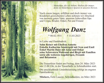 Traueranzeige von Wolfgang Danz von Südthüringer Presse