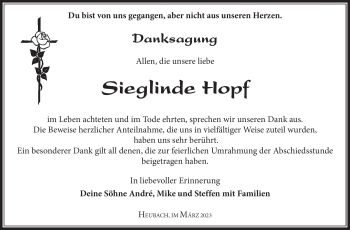 Traueranzeige von Sieglinde Hopf von Südthüringer Presse