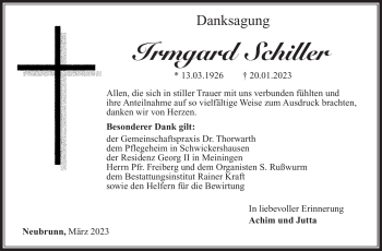 Traueranzeige von Irmgard Schiller von Südthüringer Presse